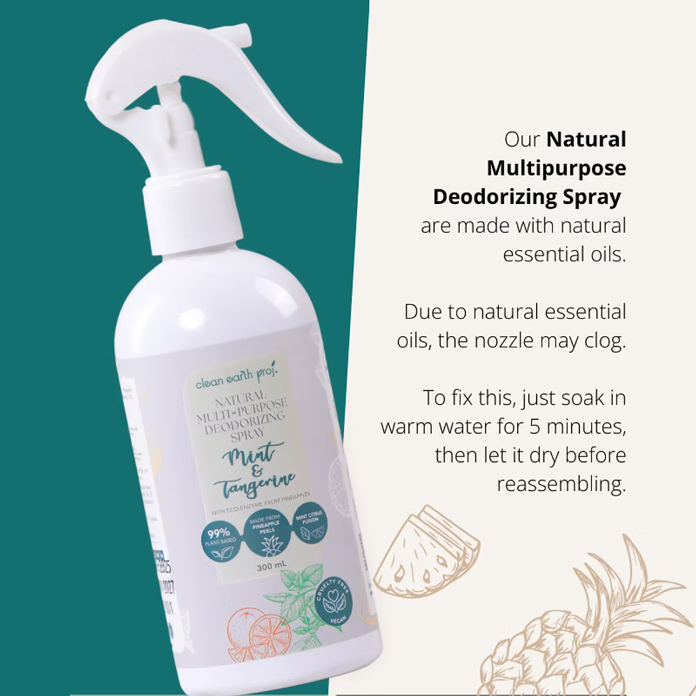 Clean Earth non-toxic plant-based deodorizing spray maintenance guide for natural essential oil sprays