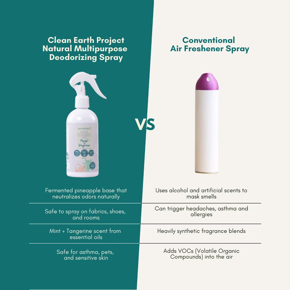 Comparison chart comparing Clean Earth eco-enzyme natural deodorizing spray versus chemical aerosol air fresheners