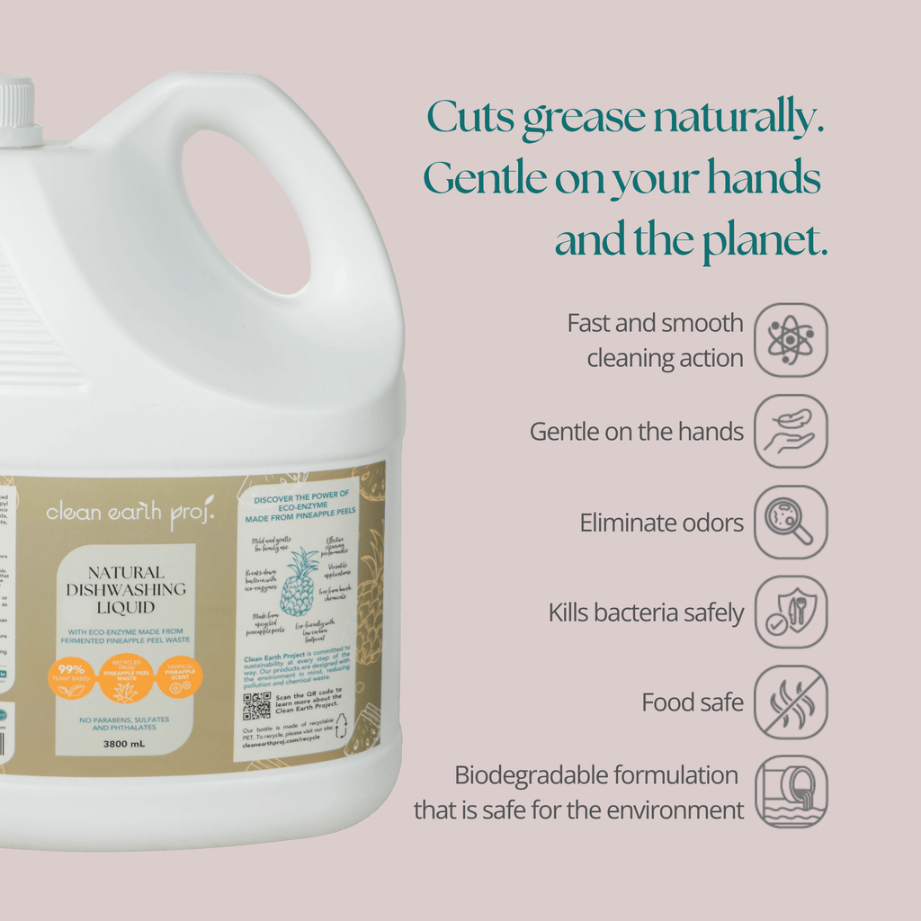 Clean Earth 3.8L natural dishwashing liquid refill infographic highlighting eco-enzyme benefits like gentle on hands and food safe