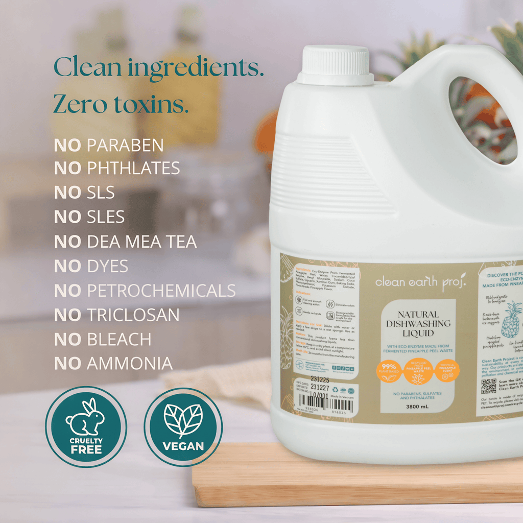 Clean Earth 3.8L natural dishwashing liquid refill infographic displaying a list of clean, toxin-free ingredients