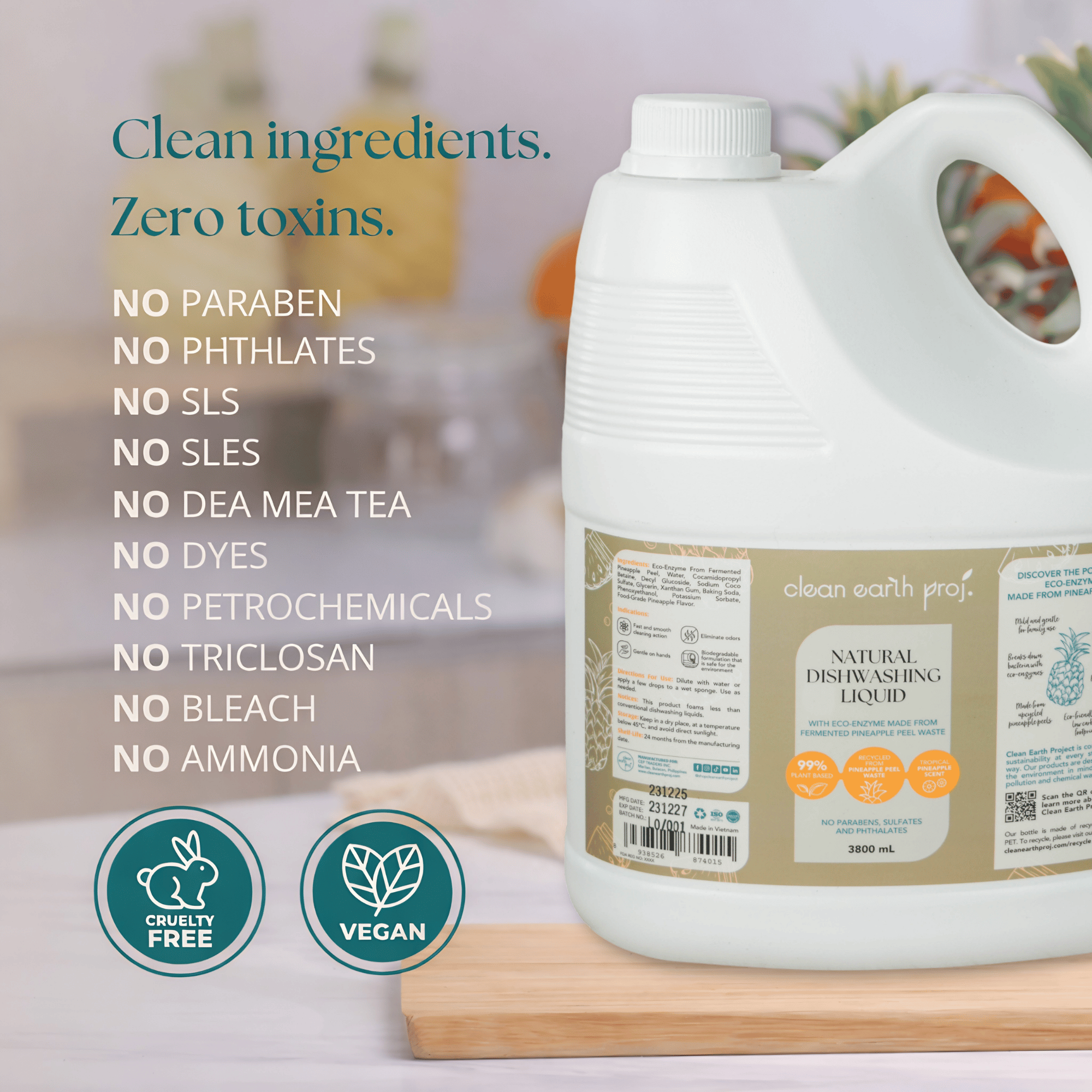 Clean Earth 3.8L natural dishwashing liquid refill infographic displaying a list of clean, toxin-free ingredients