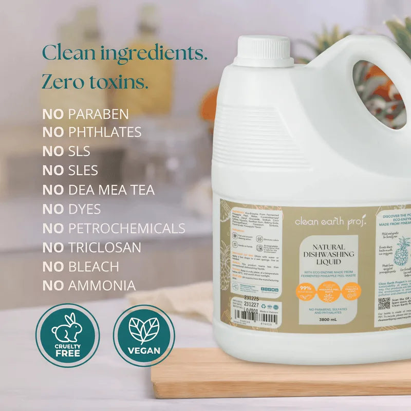 Clean Earth 3.8L natural dishwashing liquid refill infographic displaying a list of clean, toxin-free ingredients