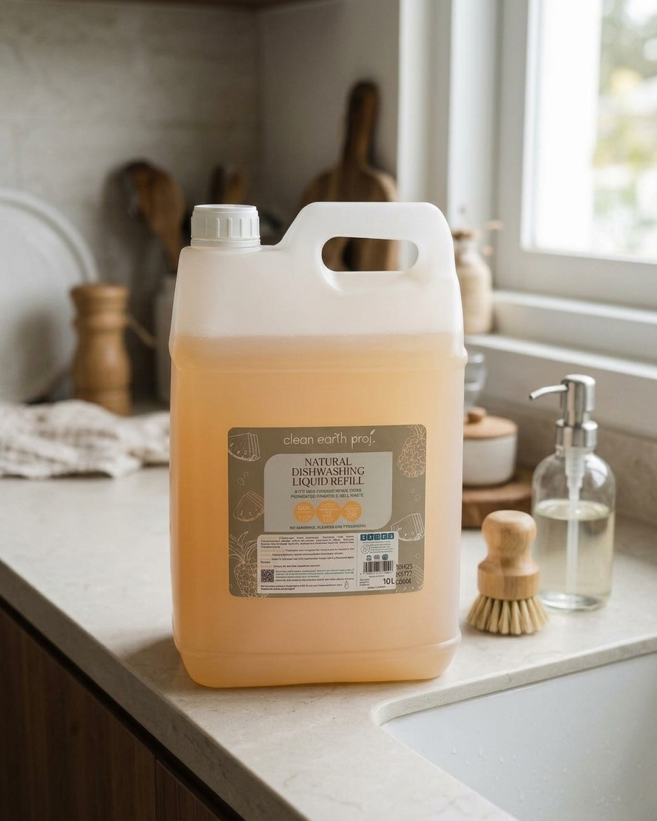 Clean Earth 10L natural dishwashing liquid bulk refill jug on a kitchen counter next to a soap dispenser