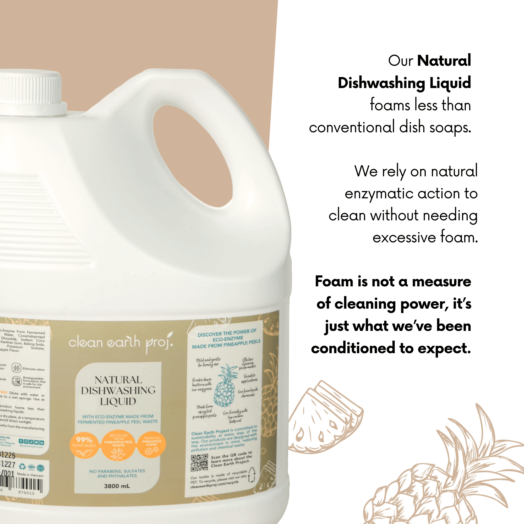 Clean Earth Project 3800ml biodegradable dishwashing liquid explanation on low-foaming natural surfactant action