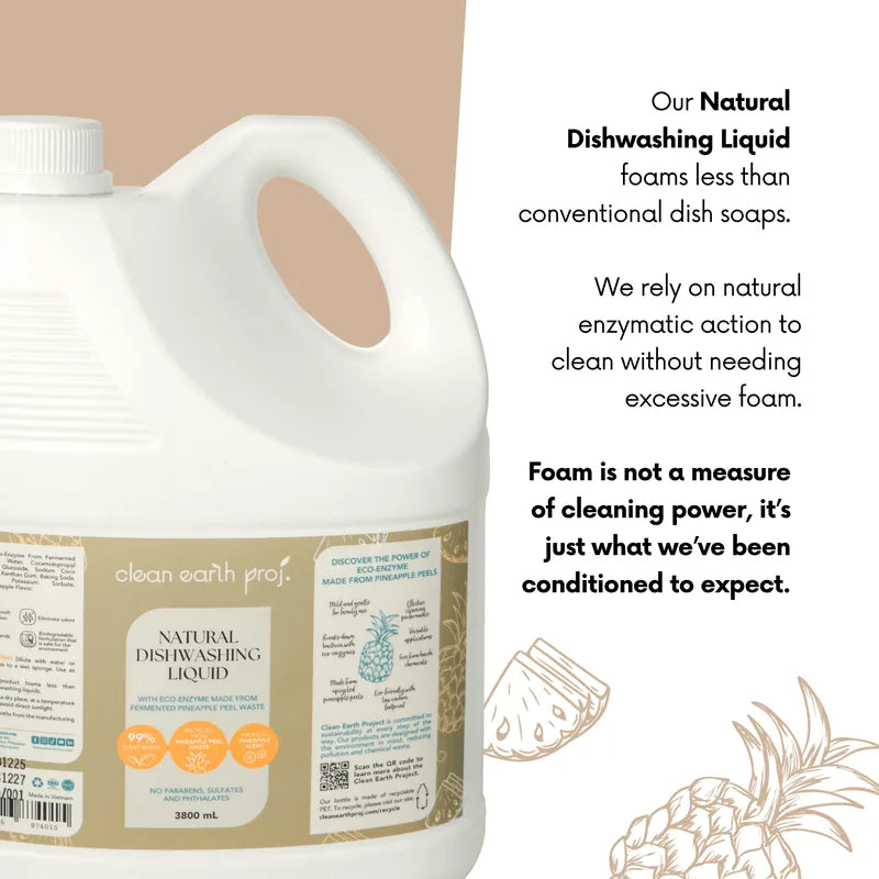 Clean Earth Project 3800ml biodegradable dishwashing liquid explanation on low-foaming natural surfactant action