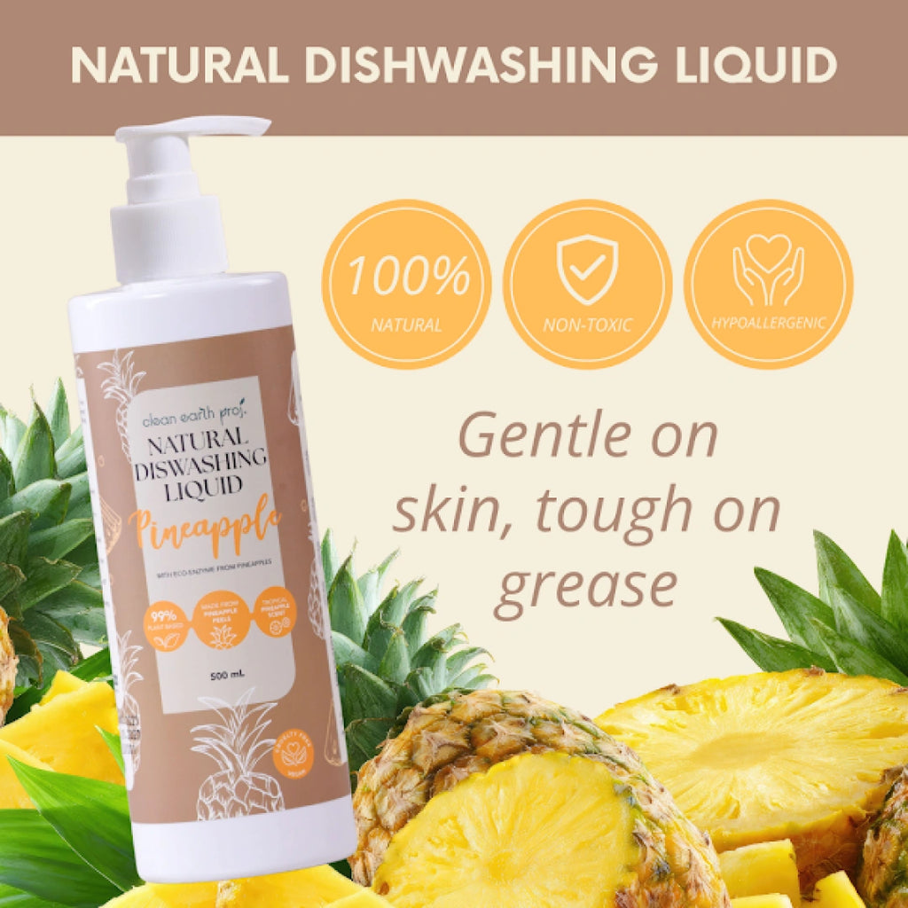 Clean Earth Natural Dishwashing Liquid Pineapple 500ml infographic highlighting 100% natural, non-toxic, and hypoallergenic features