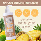 Clean Earth Natural Dishwashing Liquid Pineapple 500ml infographic highlighting 100% natural, non-toxic, and hypoallergenic features