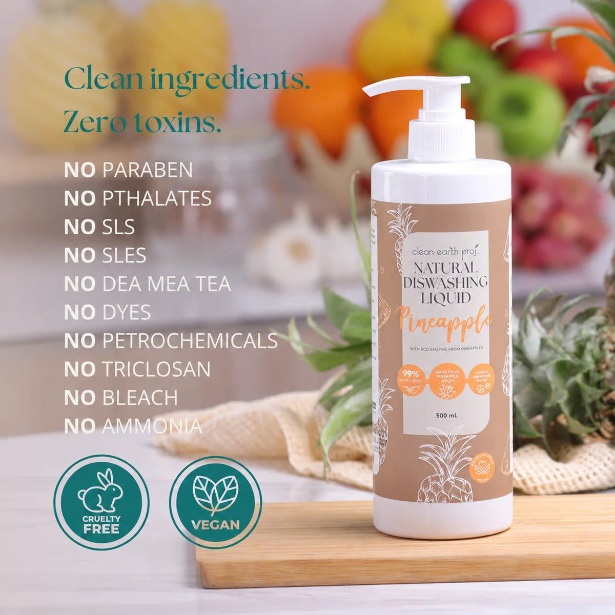 Clean Earth Natural Dishwashing Liquid Pineapple 500ml toxin-free checklist with cruelty-free and vegan badges