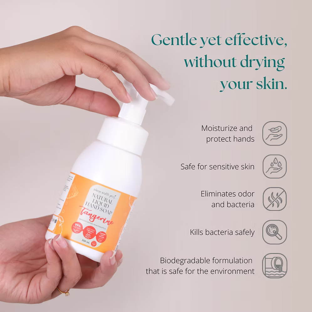 Clean Earth moisturizing non-toxic liquid hand soap with pure tangerine essential oil and a biodegradable formula
