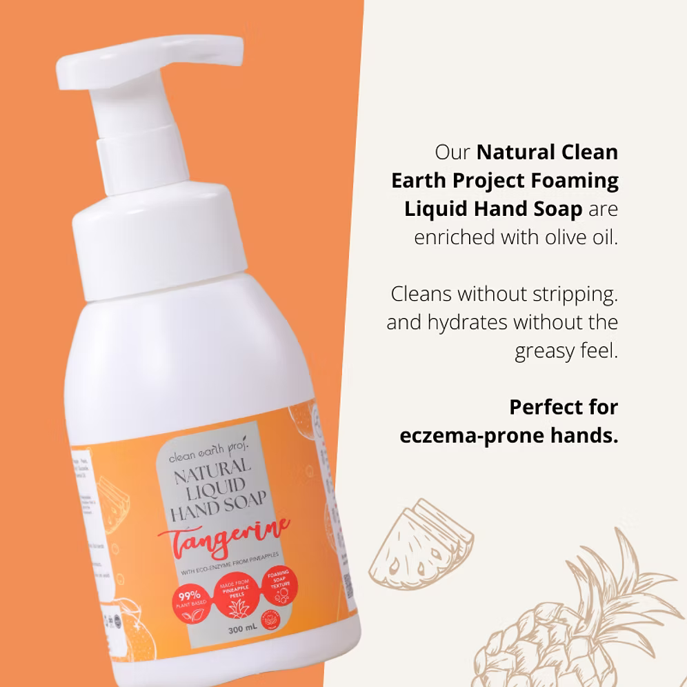 Clean Earth Natural Foaming Liquid Hand Soap Tangerine 300ml infographic highlighting moisturizing olive oil formula for eczema-prone hands