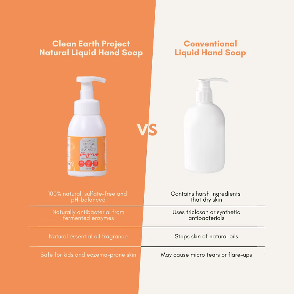 Clean Earth plant-based foaming hand soap comparison highlighting eczema-safe formula vs harsh chemical hand soaps