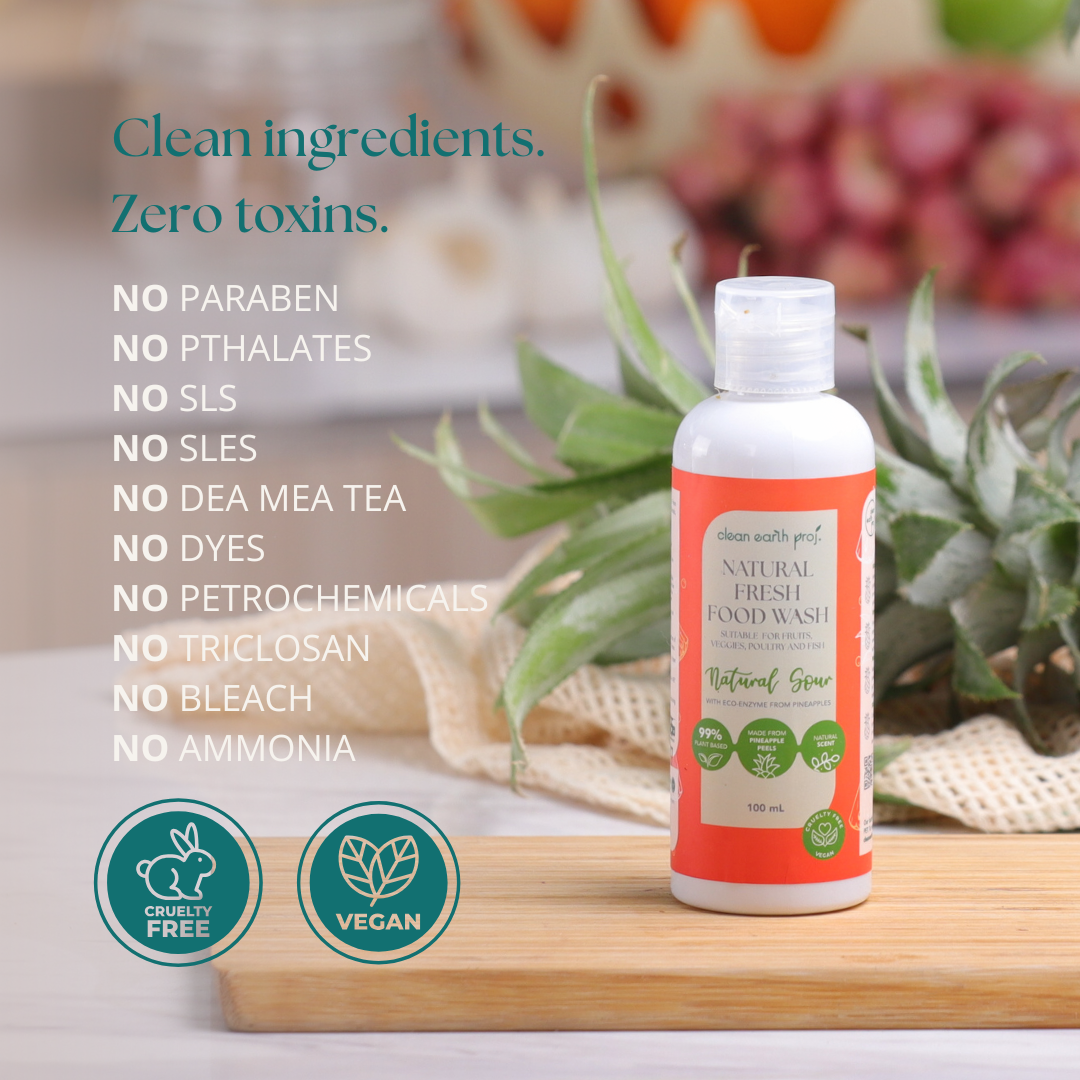 Clean Earth Natural Fresh Food Wash 100ml toxin-free checklist with cruelty-free and vegan badges