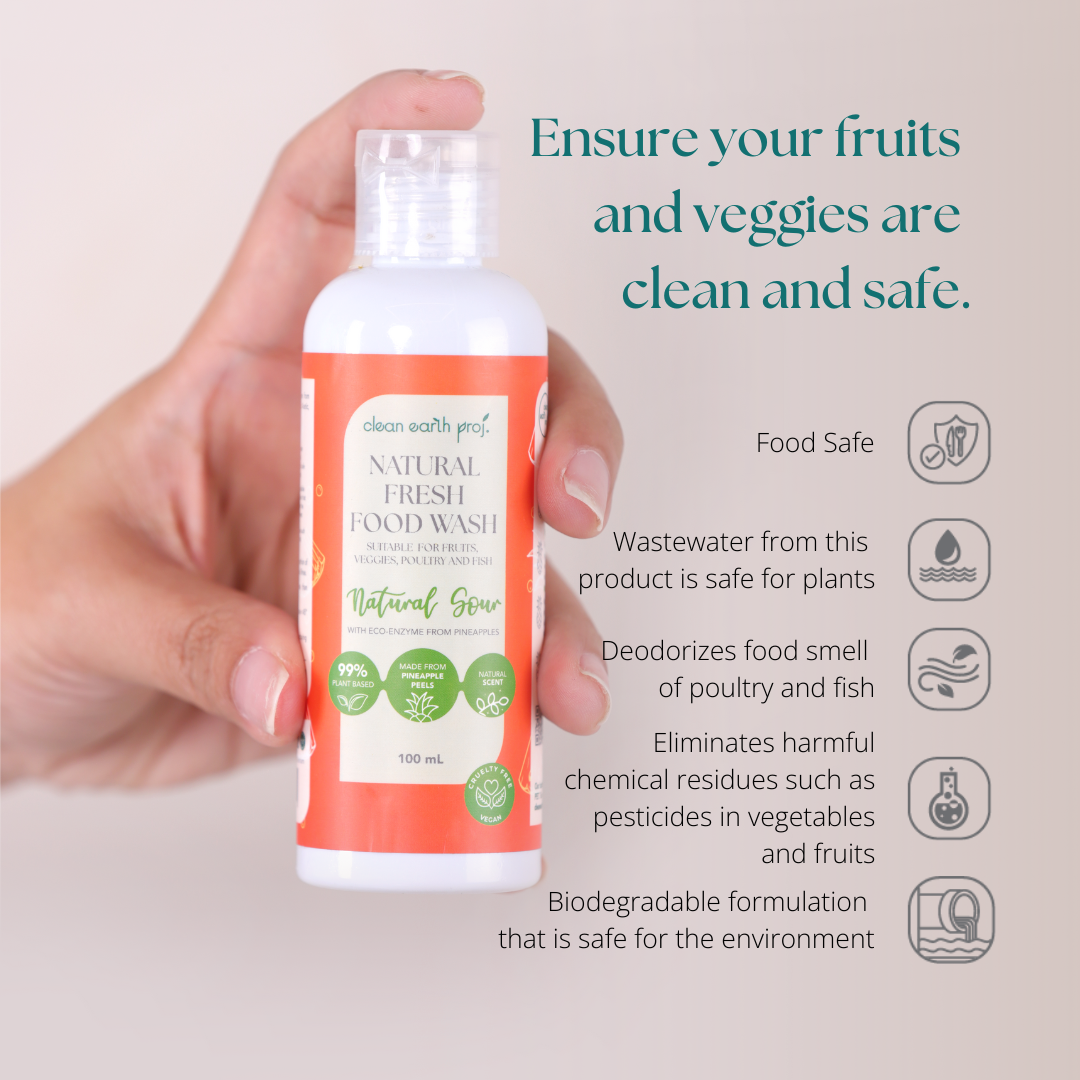 Clean Earth Natural Fresh Food Wash 100ml infographic highlighting five food safety and pesticide removal benefits
