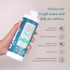 Clean Earth Natural Liquid Laundry Detergent Mint 500ml infographic showing five skin-safe fabric benefits