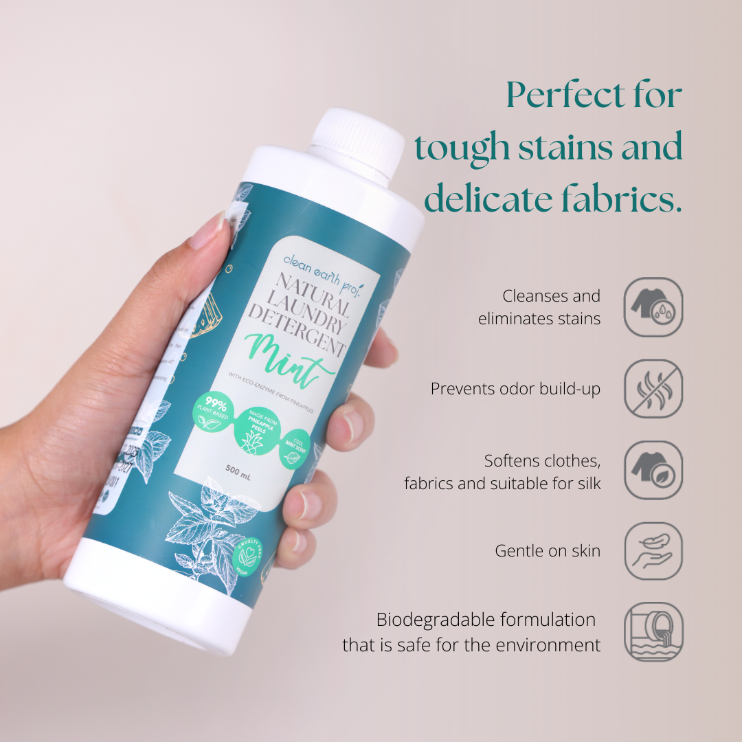 Clean Earth Natural Liquid Laundry Detergent Mint 500ml infographic showing five skin-safe fabric benefits