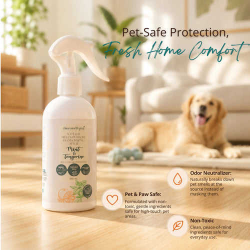 Clean Earth Natural Multi-Purpose Deodorizing Spray bottle in Mint & Tangerine on a wooden floor with a dog resting in the background, featuring text reading "Pet-Safe Protection, Fresh Home Comfort" and highlighting non-toxic, odor-neutralizing, and pet-and-paw-safe benefits.