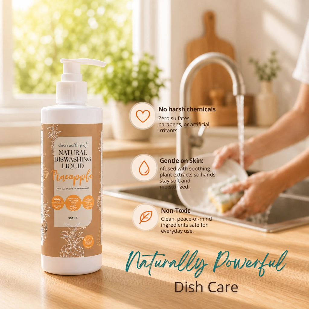 Clean Earth natural pineapple dishwashing liquid bottle on a wooden kitchen counter, featuring text highlighting gentle on skin, non-toxic, and chemical-free benefits.