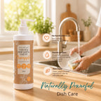 Clean Earth natural pineapple dishwashing liquid bottle on a wooden kitchen counter, featuring text highlighting gentle on skin, non-toxic, and chemical-free benefits.