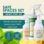 Clean Earth Safe Spaces Set baby-safe cleaning bundle infographic showing plant-based non-toxic products and savings