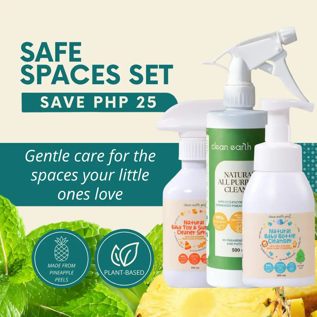 Clean Earth Safe Spaces Set baby-safe cleaning bundle infographic showing plant-based non-toxic products and savings