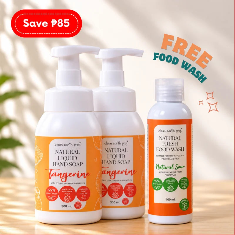 Clean Earth promo bundle featuring two 300ml Natural Foaming Liquid Hand Soaps in Tangerine scent with a free 100ml Natural Fresh Food Wash