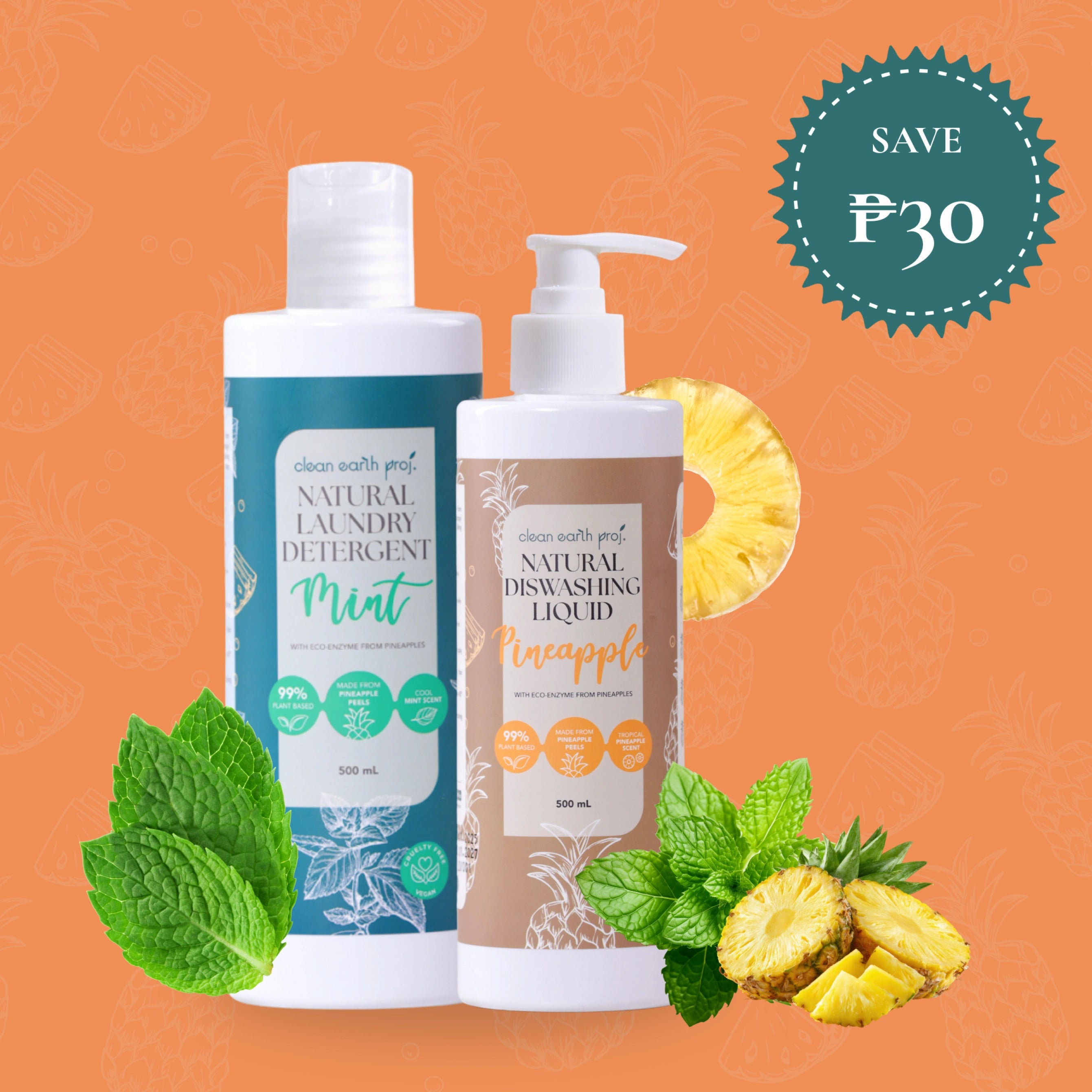 Plant-based pineapple eco-enzyme dish soap and mint laundry detergent starter bundle by Clean Earth